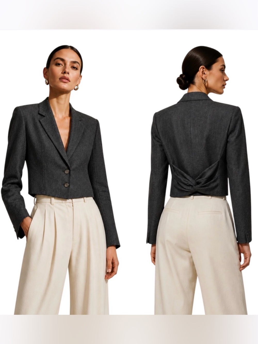 Valentino Gray Cropped Linen Blazer, Twisted Fabric Back Detail, Sophisticated 6